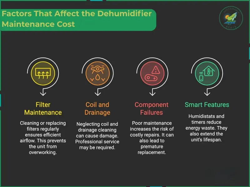 This infographic details four key factors that impact dehumidifier maintenance costs, including filter care, coil and drainage cleaning, component failures, and the use of smart features.