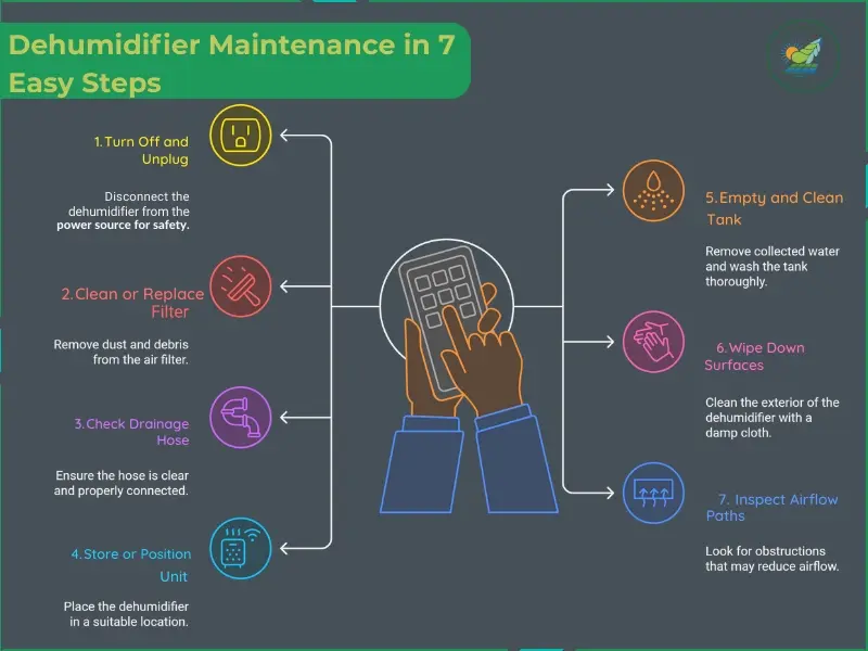This infographic outlines a comprehensive seven-step maintenance routine for dehumidifiers, including safety protocols like unplugging the unit and practical tasks such as cleaning filters and tanks.