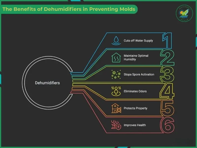 This infographic outlines six key benefits of using dehumidifiers to prevent mold, including cutting off the mold's water supply, stopping spore activation, and protecting property.