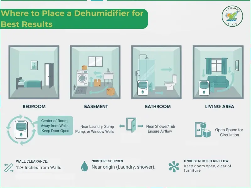 This infographic provides specific placement recommendations for a dehumidifier in various home environments, emphasizing the importance of wall clearance, proximity to moisture sources, and unobstructed airflow.