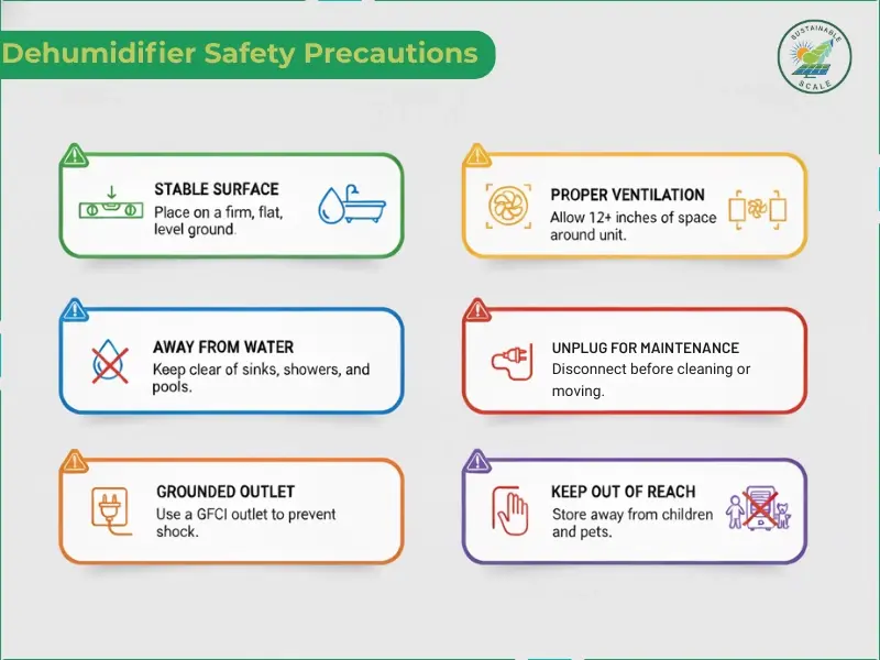 The infographic lists key guidelines such as stable placement, proper ventilation, avoiding water, unplugging for maintenance, using a grounded outlet, and keeping the unit out of reach.