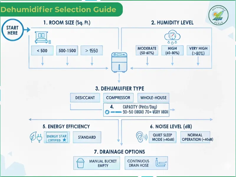 This infographic presents a seven-step decision-making process for selecting the appropriate dehumidifier based on room size, humidity levels, and specific features like energy efficiency and noise levels.