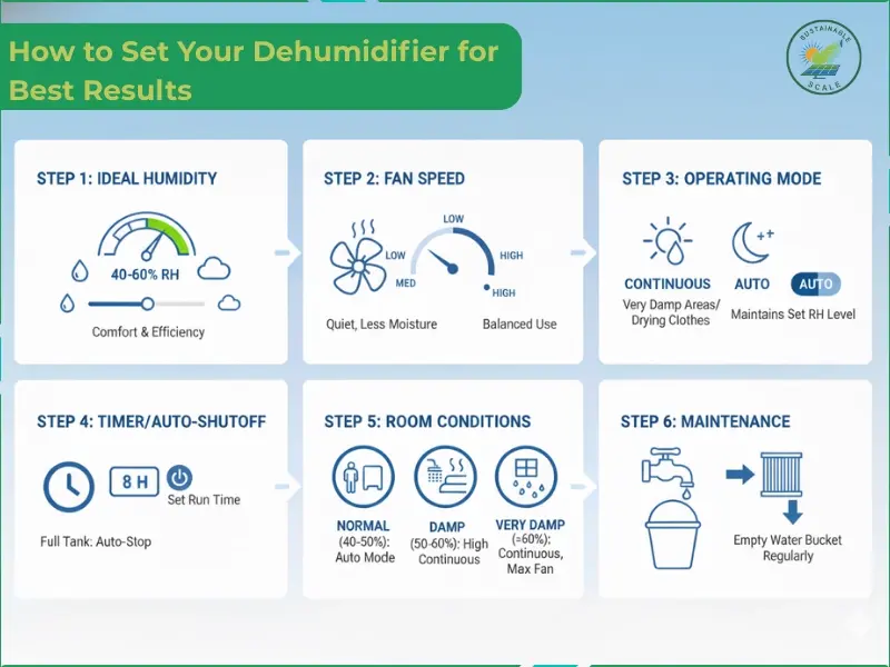 This infographic outlines a six-step process for optimizing dehumidifier performance, covering settings such as ideal humidity levels, fan speeds, and regular maintenance.