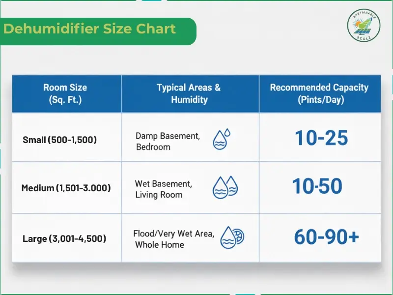This chart specifies the recommended dehumidifier capacity in pints per day based on different room sizes and humidity conditions.