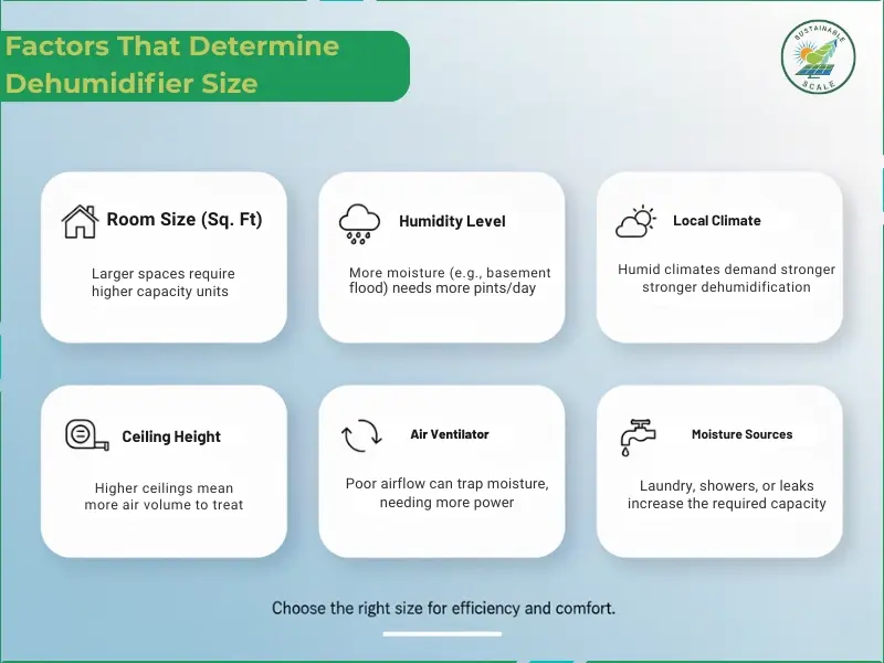 This infographic details six key factors that determine the appropriate size for a dehumidifier, including room square footage, humidity levels, and moisture sources.