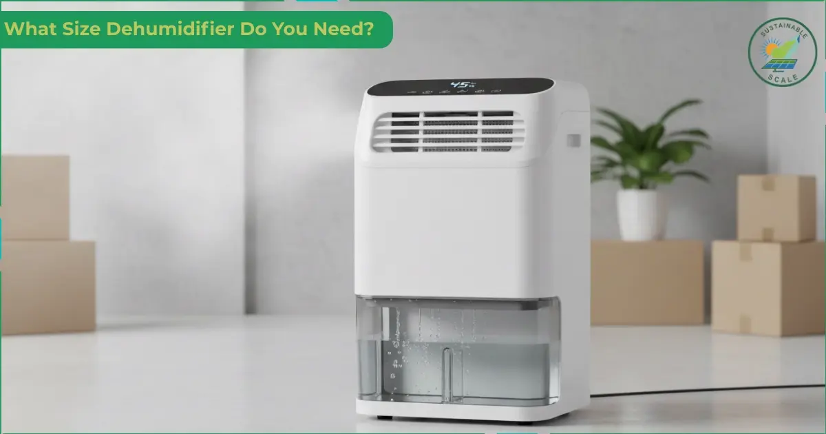 The image shows a compact white dehumidifier with a visible water tank placed in a clean, minimal room under the heading “What Size Dehumidifier Do You Need?”