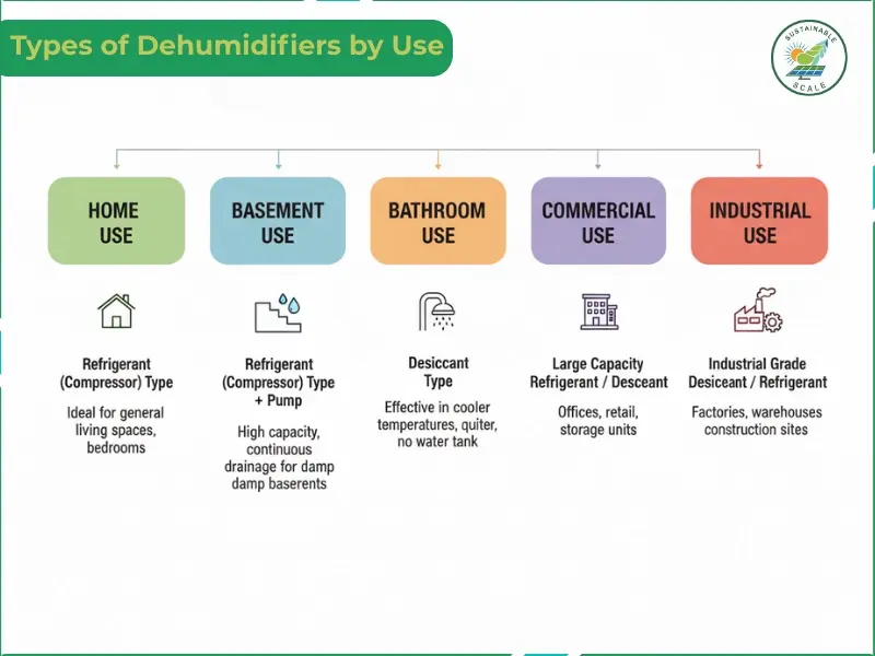 This infographic categorizes different types of dehumidifiers by their intended use, such as home, basement, or industrial environments, and specifies the most effective technology for each application.