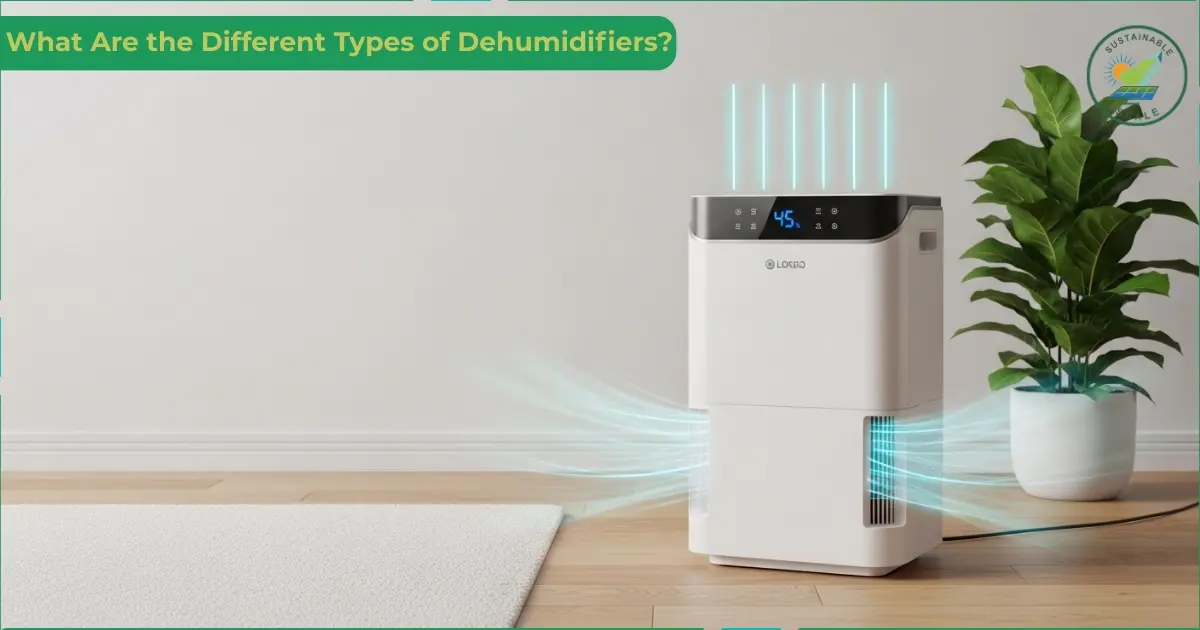 This infographic outlines four distinct types of dehumidifiers—Refrigerant, Desiccant, Whole-house, and Thermo-electric—along with their specific operating mechanisms and ideal environments