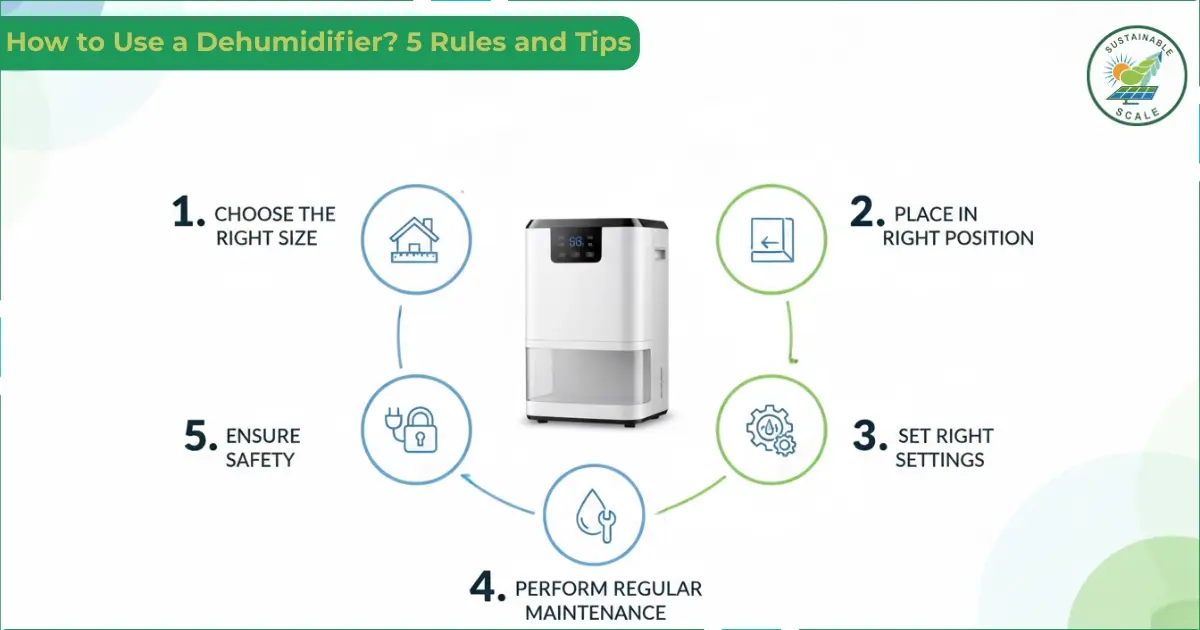 The image is a clean infographic titled “How to Use a Dehumidifier? 5 Rules and Tips” that shows a central dehumidifier surrounded by five illustrated steps covering size selection, placement, settings, maintenance, and safety.