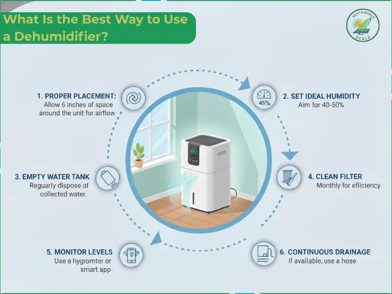 The image explains the best way to use a dehumidifier by outlining proper placement, ideal humidity settings, regular tank emptying, filter cleaning, level monitoring, and continuous drainage options.
