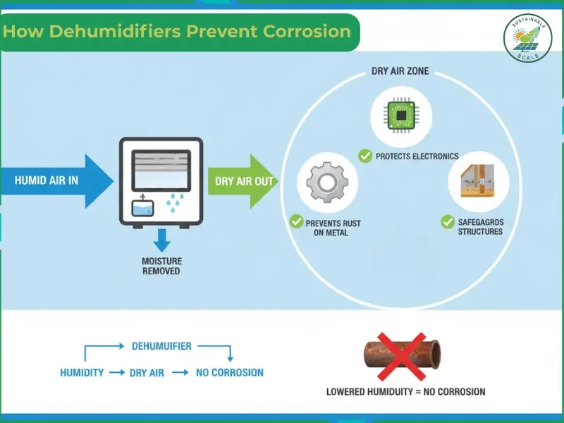 This infographic illustrates how a dehumidifier prevents corrosion by intake of humid air and releasing dry air to protect electronics, metal, and structures.
