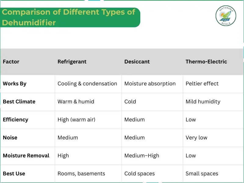 The image presents a comparison table of refrigerant, desiccant, and thermo-electric dehumidifiers, outlining how they work, their ideal climate, efficiency, noise level, moisture removal capacity, and best use cases.