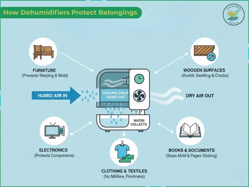 The image illustrates how a dehumidifier removes moisture from humid air to protect furniture, wooden surfaces, electronics, clothing, and books by preventing mold, warping, and damage.