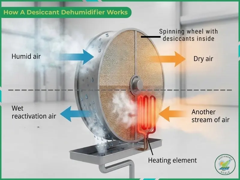 The image explains how a desiccant dehumidifier works by showing humid air passing through a rotating desiccant wheel to produce dry air while a heated reactivation airflow removes absorbed moisture.