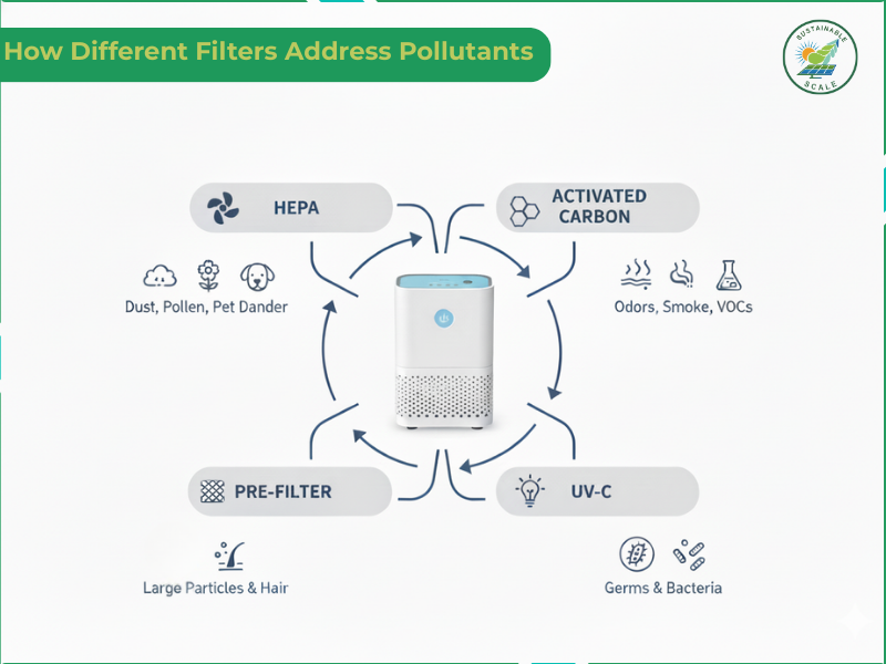 This infographic illustrates how four specialized filtration technologies—HEPA, Activated Carbon, Pre-filter, and UV-C—work together to target specific pollutants like dust, odors, large particles, and germs.