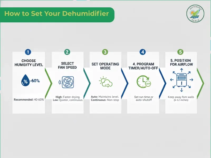 This infographic outlines a series of steps for optimizing dehumidifier settings, including selecting the ideal location, adjusting the humidistat, and managing water drainage.