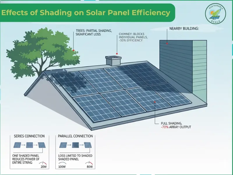 An infographic titled "Effects of Shading on Solar Panel Efficiency" illustrates how obstructions like trees, chimneys, and nearby buildings can significantly reduce energy output, while also comparing the impact of shading on series versus parallel wiring connections.