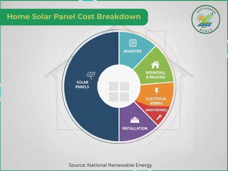 A colorful donut chart titled "Home Solar Panel Cost Breakdown" illustrates the various expenses of a solar system, showing that the solar panels themselves make up the largest portion of the cost, followed by installation, mounting and racking, the inverter, electrical wiring, and maintenance.