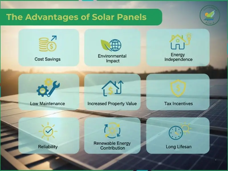  An infographic titled "The Advantages of Solar Panels" features nine illustrated icons highlighting benefits such as cost savings, environmental impact, energy independence, low maintenance, increased property value, tax incentives, reliability, renewable energy contribution, and a long lifespan.