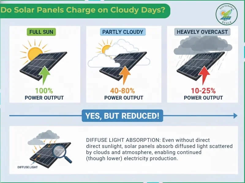  An infographic titled "Do Solar Panels Charge on Cloudy Days?" explains that while panels still function by absorbing diffused light, power output drops to 40-80% on partly cloudy days and 10-25% during heavily overcast weather.