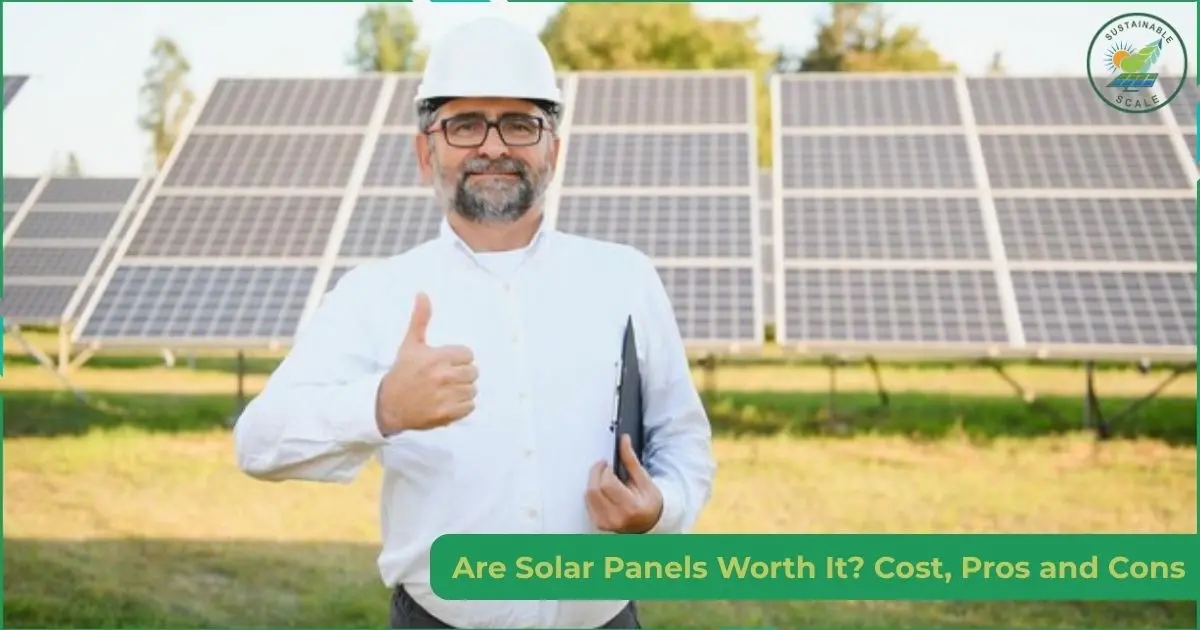 A professional male engineer in a white hard hat and shirt gives a thumbs-up in front of a solar panel array, with a green banner at the bottom asking, "Are Solar Panels Worth It? Cost, Pros and Cons."