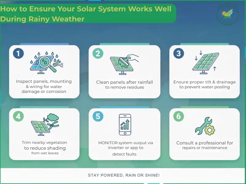 An infographic titled "How to Ensure Your Solar System Works Well During Rainy Weather" presents six maintenance tips, including inspecting for water damage, cleaning panels after rain, ensuring proper tilt for drainage, trimming vegetation, monitoring system output, and consulting professionals for repairs.